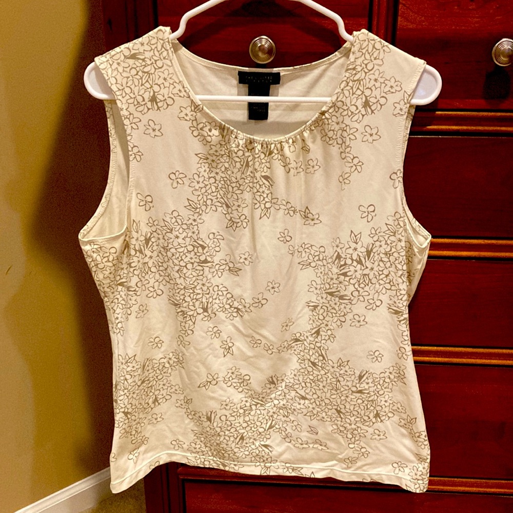 The Limited Stretch sleeveless tanktop, floral, ivory w/ taupe flowers, 92%nylon